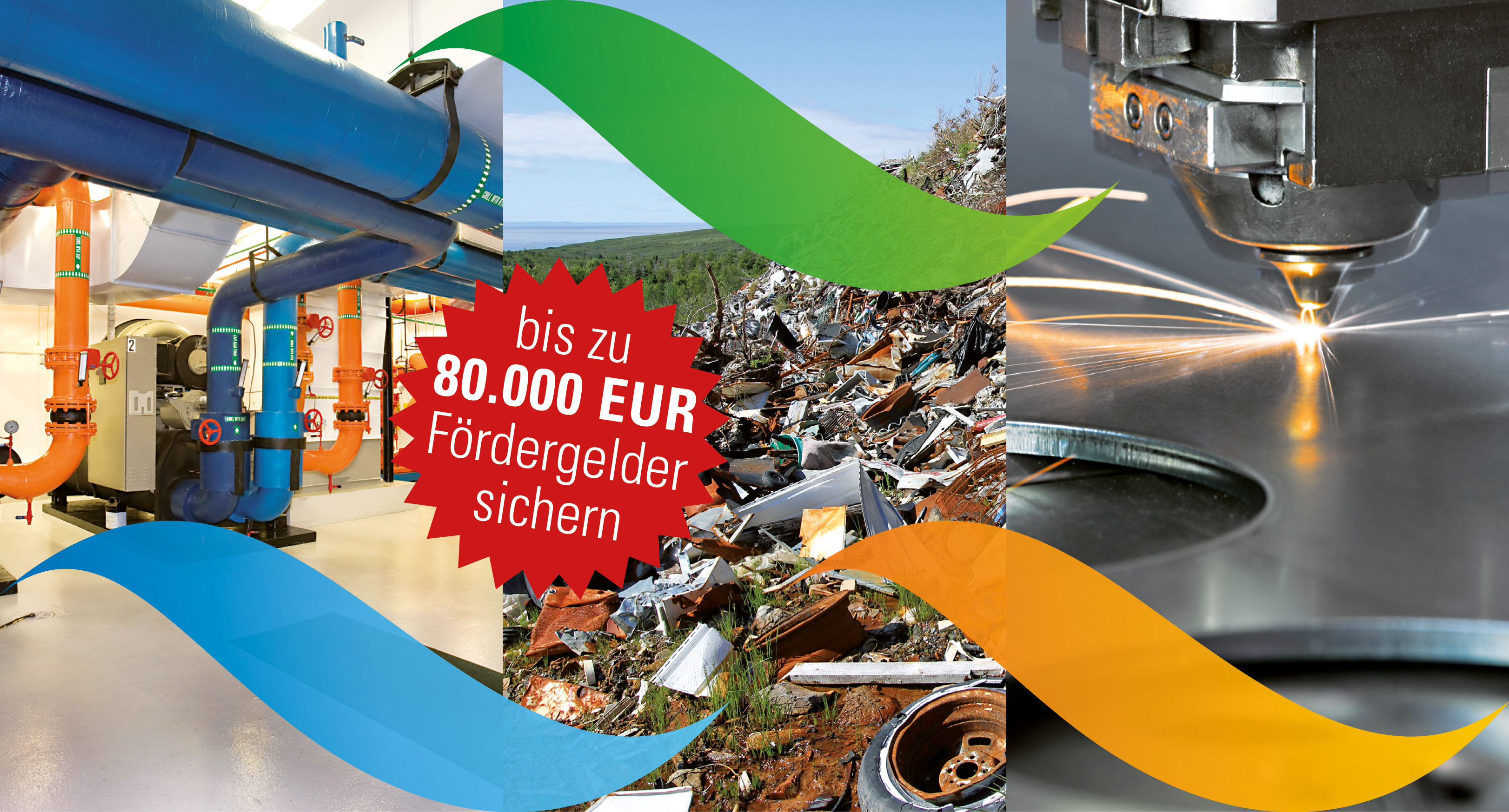Collage aus drei Bildern mit einem Wärmekraftwerk, Müllhalde und Laserstanze; Störer im Bild weist auf Fördergelder in Höhe bis zu 80.000 Euro hin